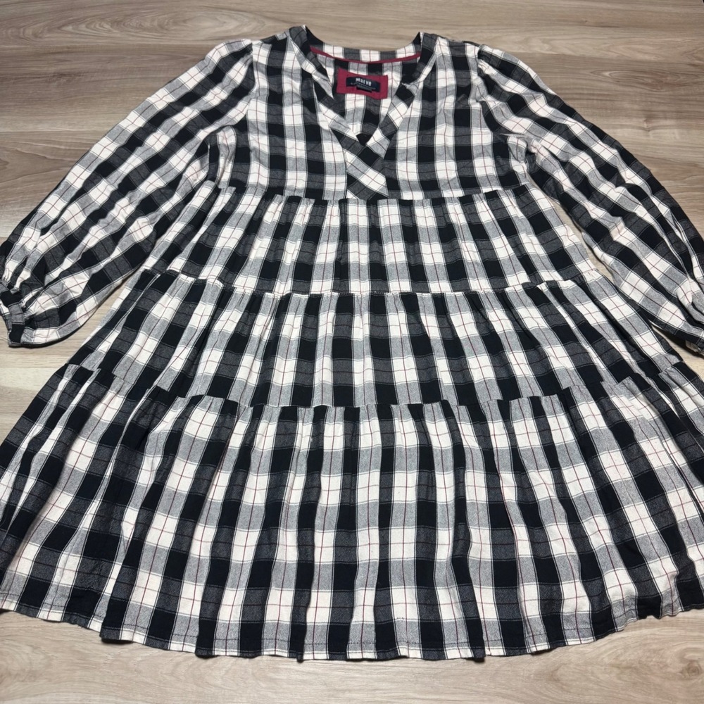 Maeve Plaid Tiered Dress Womens Medium Petite Black White Anthropologie Babydoll